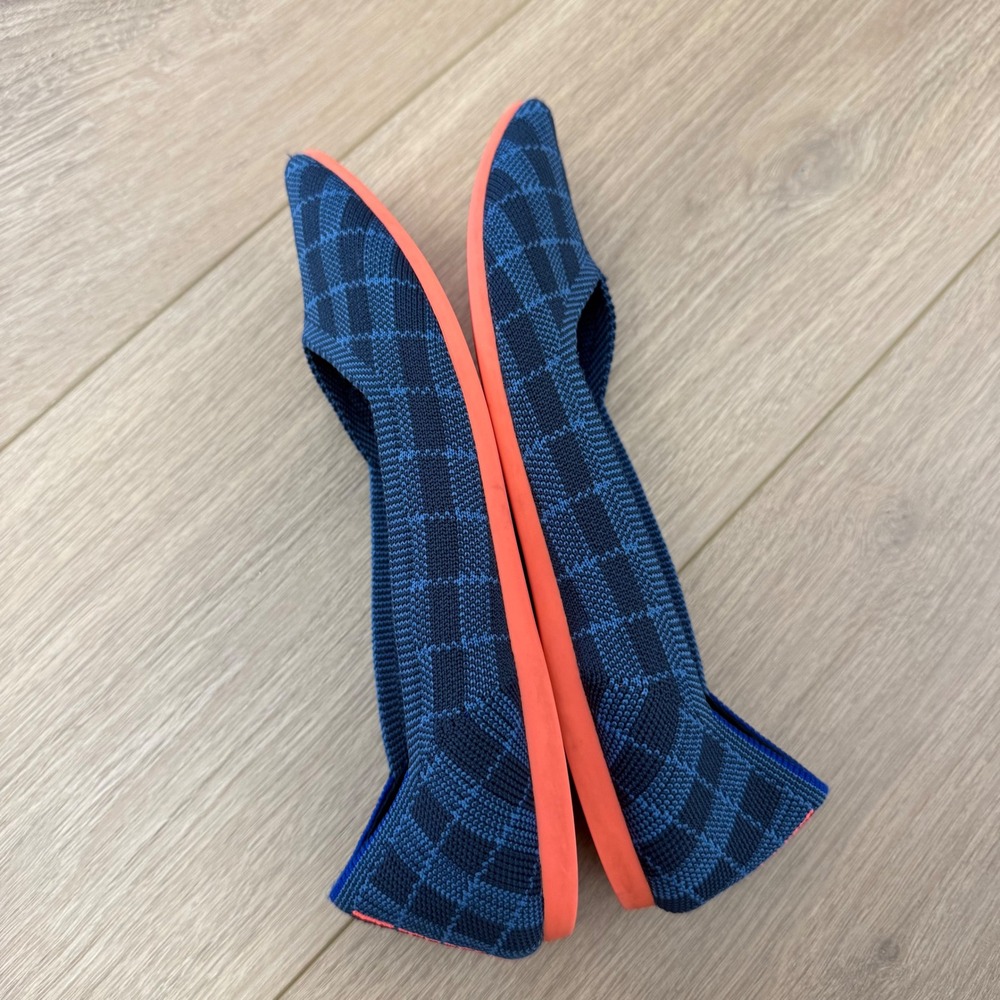 Rothys The Point Navy Blue Plaid Pointed Toe Flats Neon Orange Sole Womens 6.5 - Picture 7 of 8
